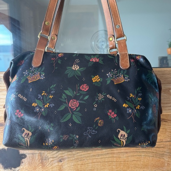 Vintage Brahmin Floral Leather Shoulder Bag Black Brown Double Strap Medallion - Picture 2 of 11